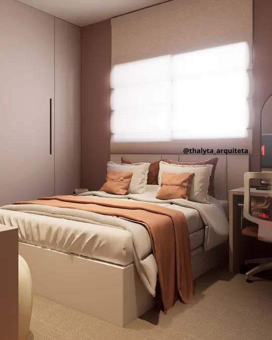 Dormitório Juvenil: Quarto em rosé e terracota com estudo, descanso e armazenamento no mesmo ambiente.